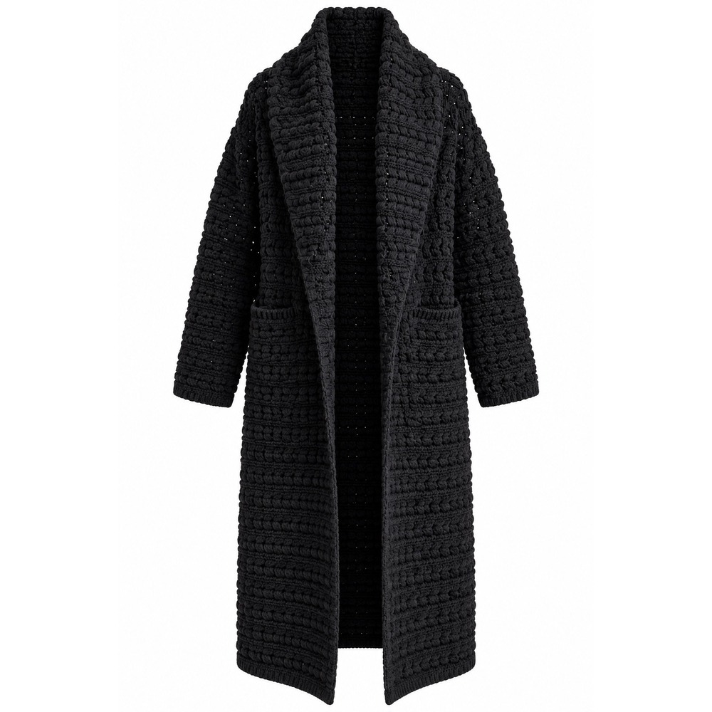 Zara Womens Textured Chunky Long Cardigan Sweater OS Black Minimalist Boho